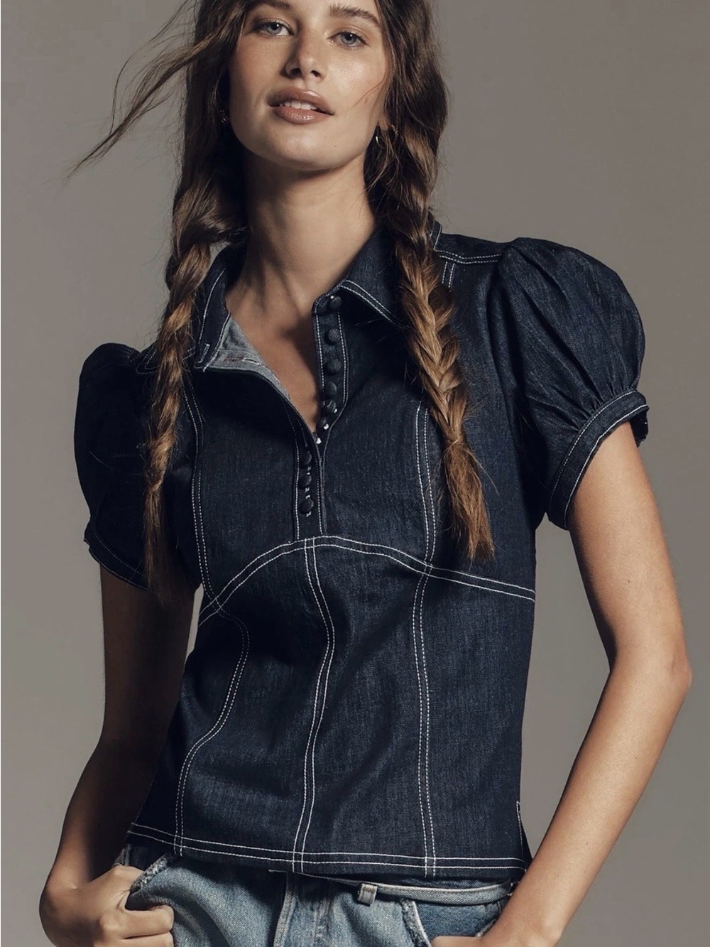Pilcro Dark Denim Puff-Sleeve Top with Contrast Stitching